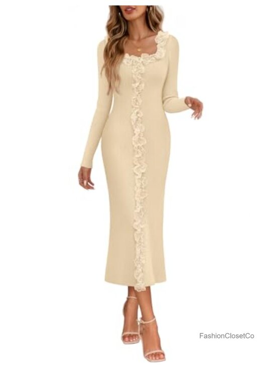 Dresses & Skirts - Women's Long Sleeve Ruffle Trim Bodycon Sweater Dress Fall Midi